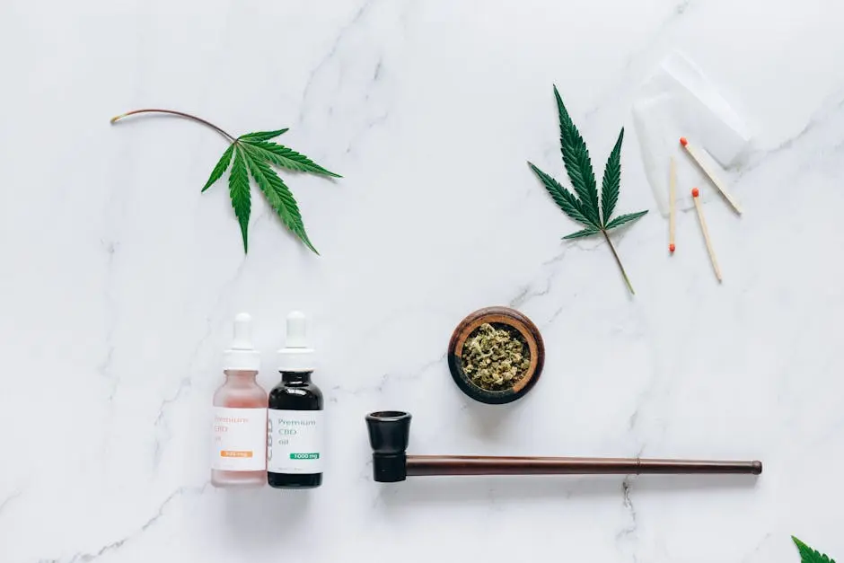 Top view of cannabis leaves, CBD oil, and smoking accessories on marble background.