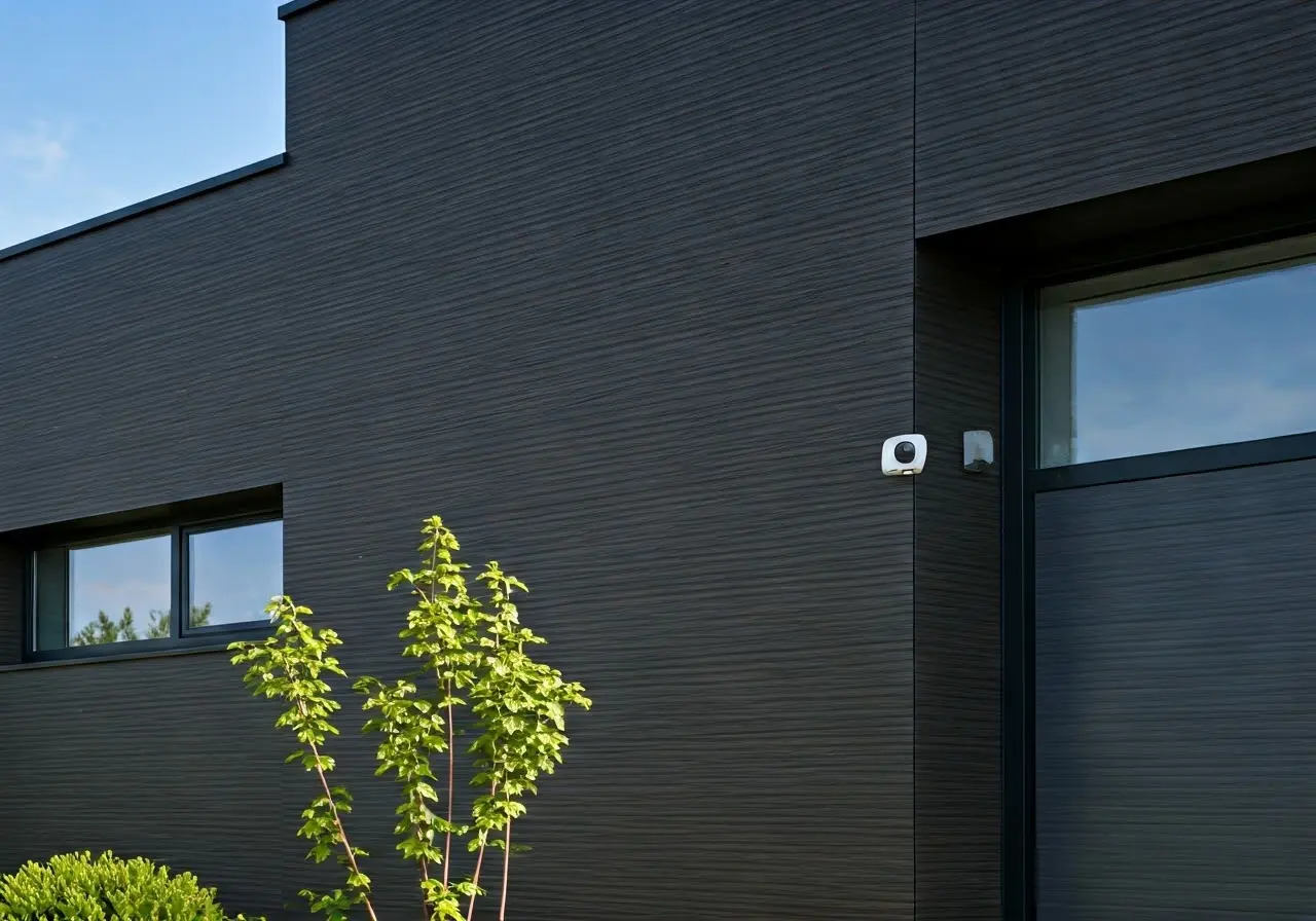 A sleek home exterior with a visible modern security camera. 35mm stock photo
