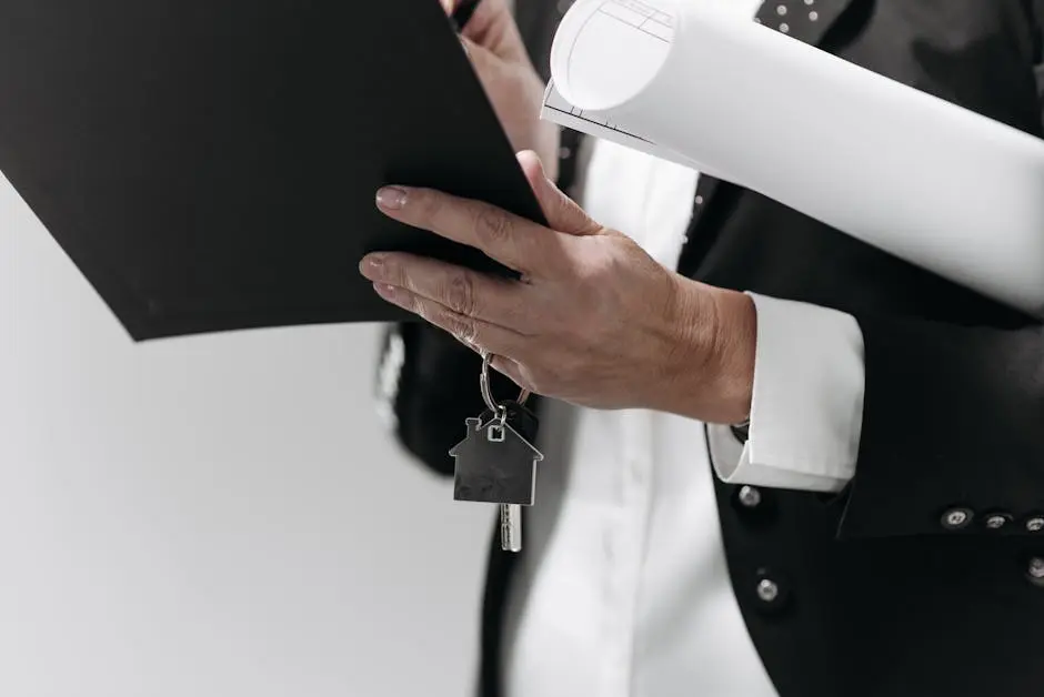 Close-up of a business professional holding a house key and architectural plans, symbolizing real estate.