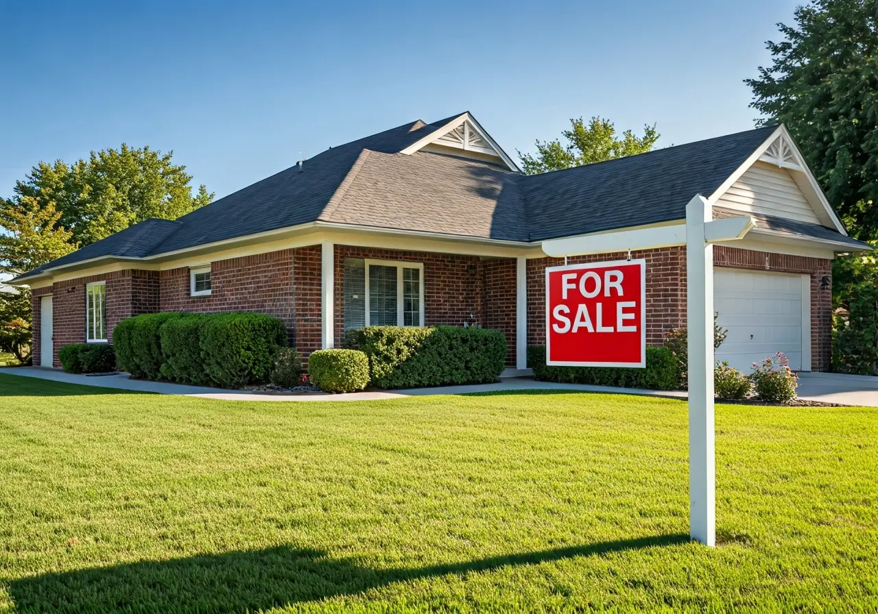 A house with a For Sale sign on the lawn. 35mm stock photo