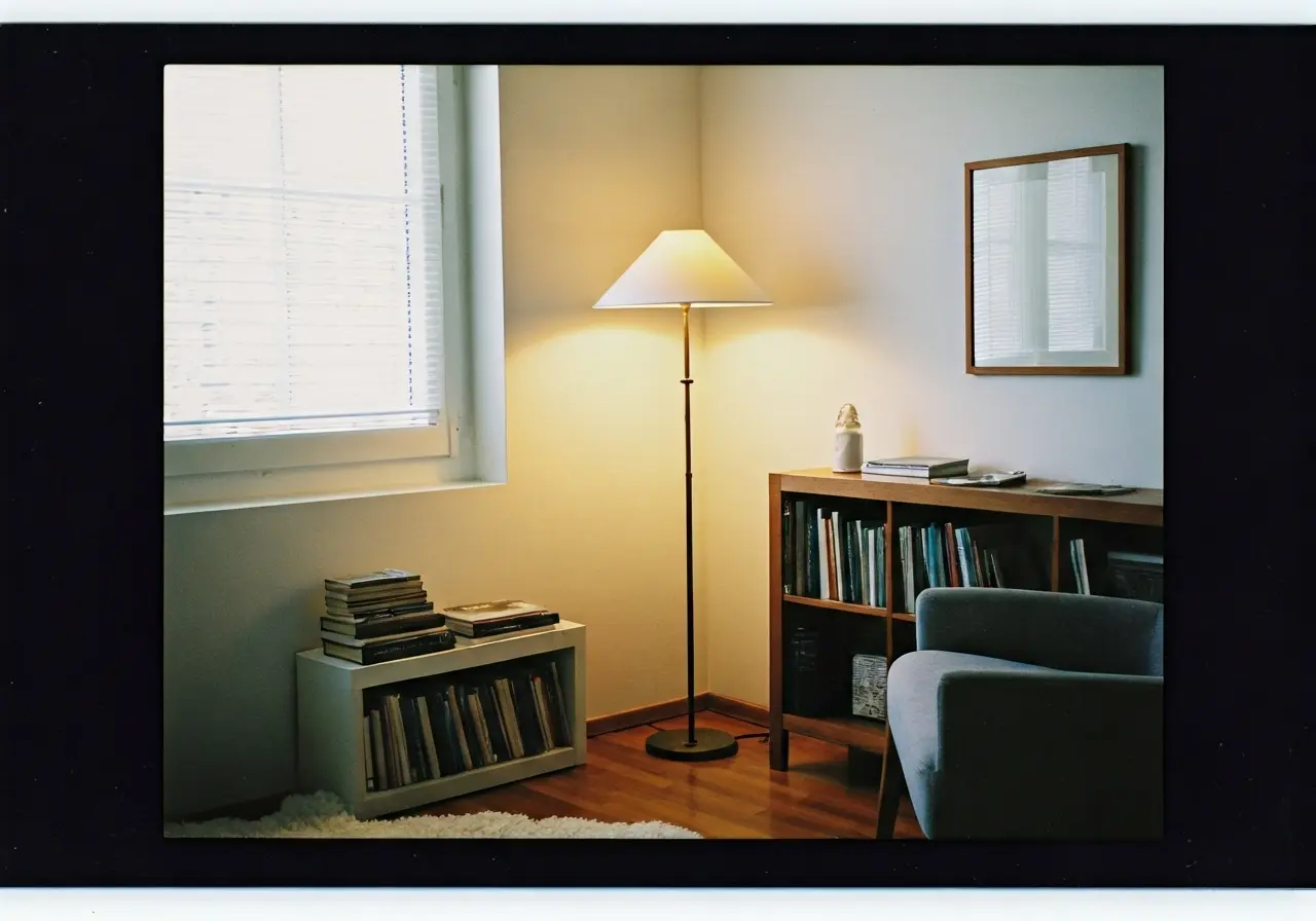 A serene therapist’s office with books and calming decor. 35mm stock photo