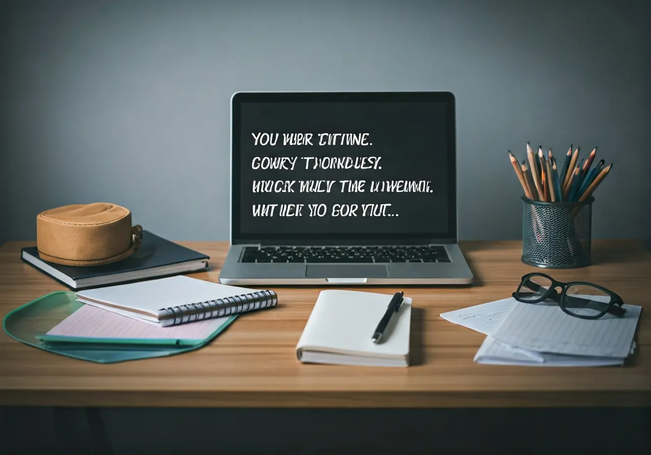 A cluttered desk with a laptop and motivational notebook. 35mm stock photo