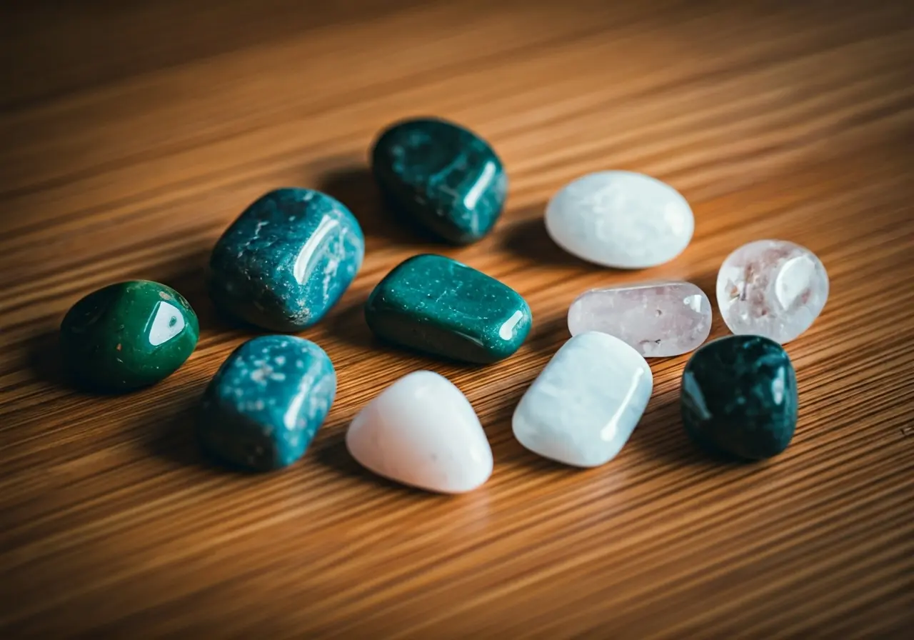 A collection of tumbled crystals on a wooden table. 35mm stock photo