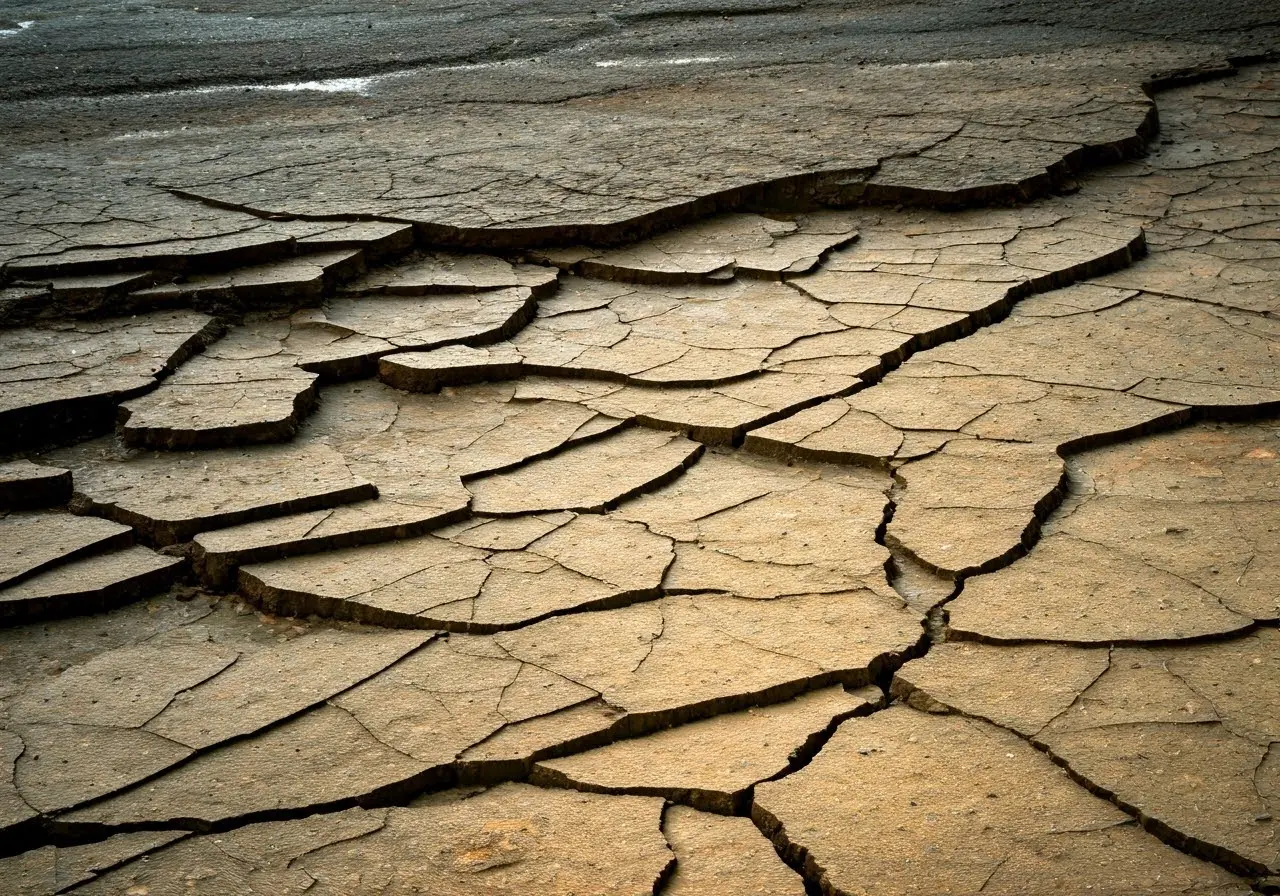 Close-up of a cracked residential foundation with water stains. 35mm stock photo