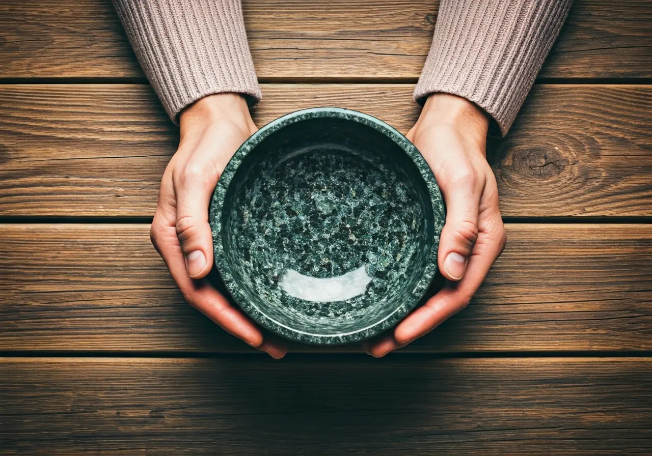 A hands holding polished stone bowl against a rustic wooden table. 35mm stock photo