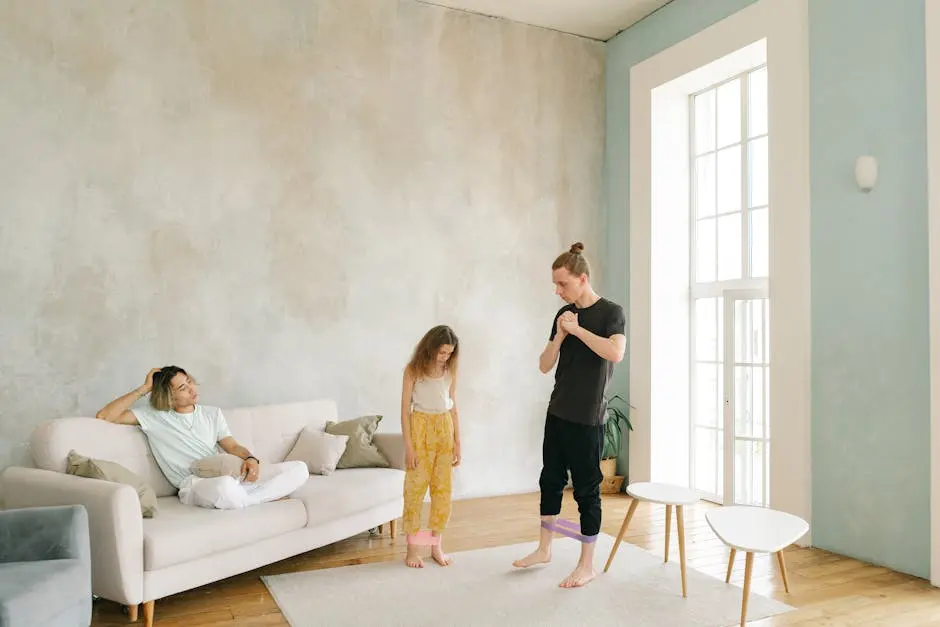 A family exercises indoors using resistance bands in a bright living room.