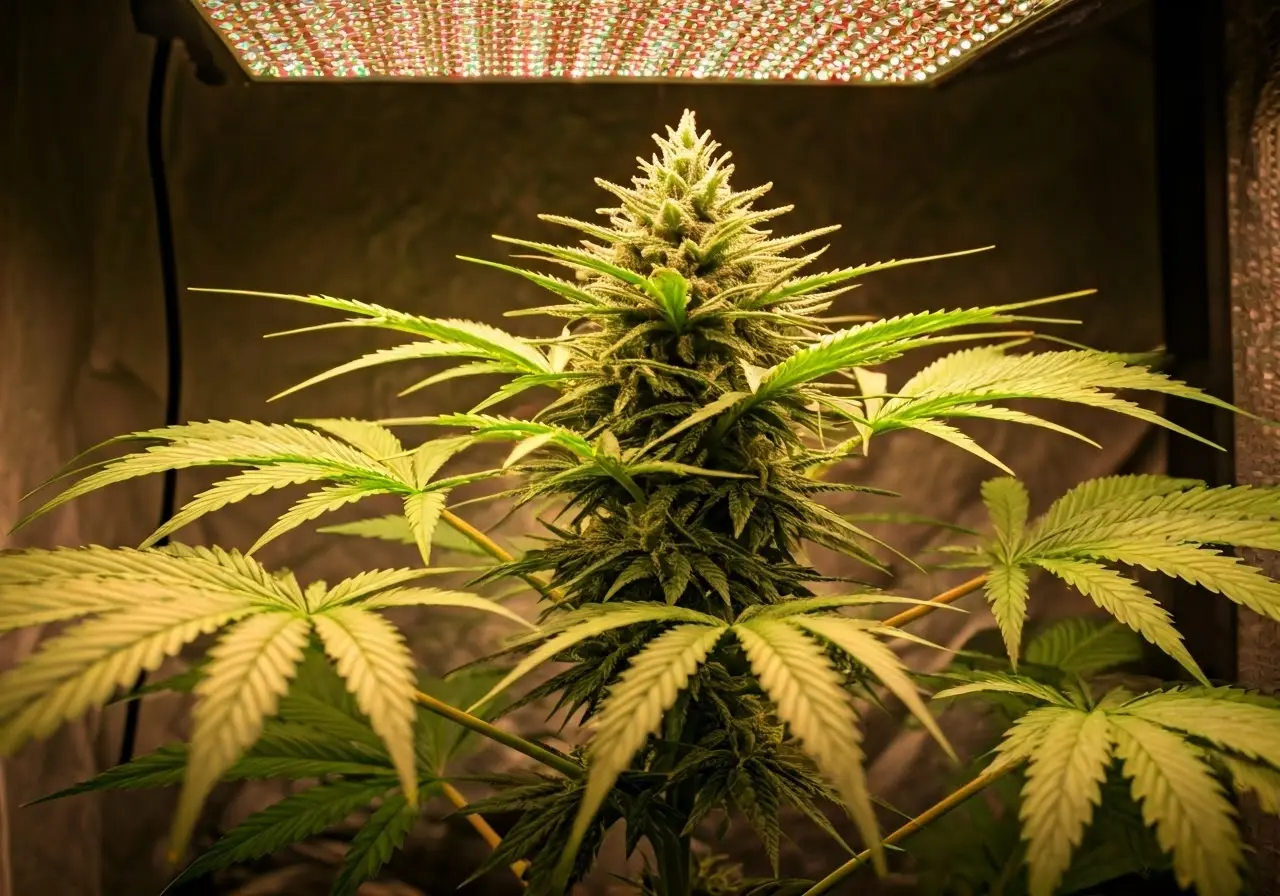 A lush cannabis plant under LED grow lights indoors. 35mm stock photo