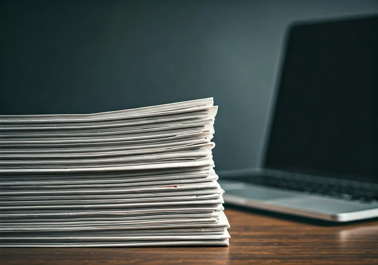 A stack of financial newspapers beside a laptop. 35mm stock photo