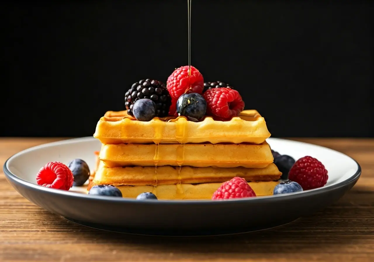 Golden waffles drizzled with syrup and topped with fresh berries. 35mm stock photo