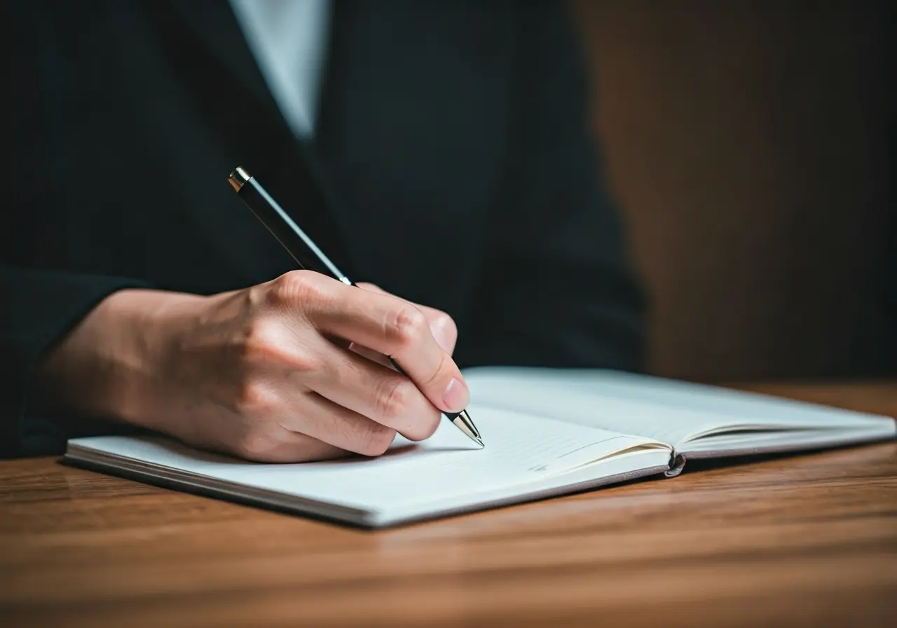A focused person writing notes in a sleek notebook. 35mm stock photo