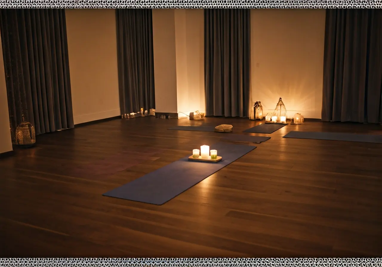 Serene meditation space with yoga mats and calming decor. 35mm stock photo