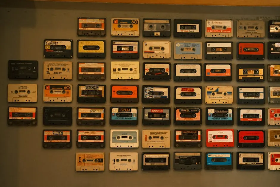 A colorful display of vintage cassette tapes arranged on a wall, evoking retro music nostalgia.
