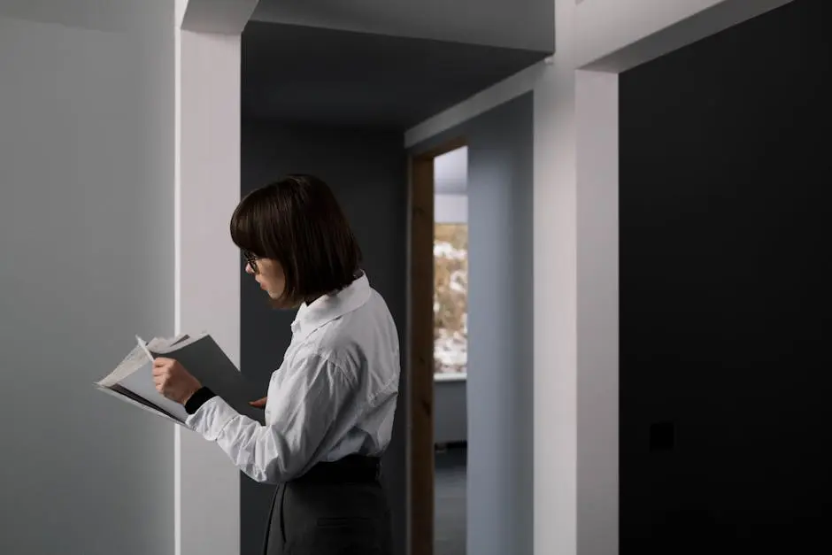 A woman in a white shirt reviews documents inside a modern office space.