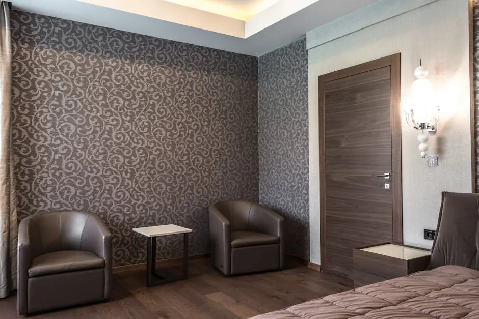Luxurious hotel room featuring modern furniture and stylish decor.