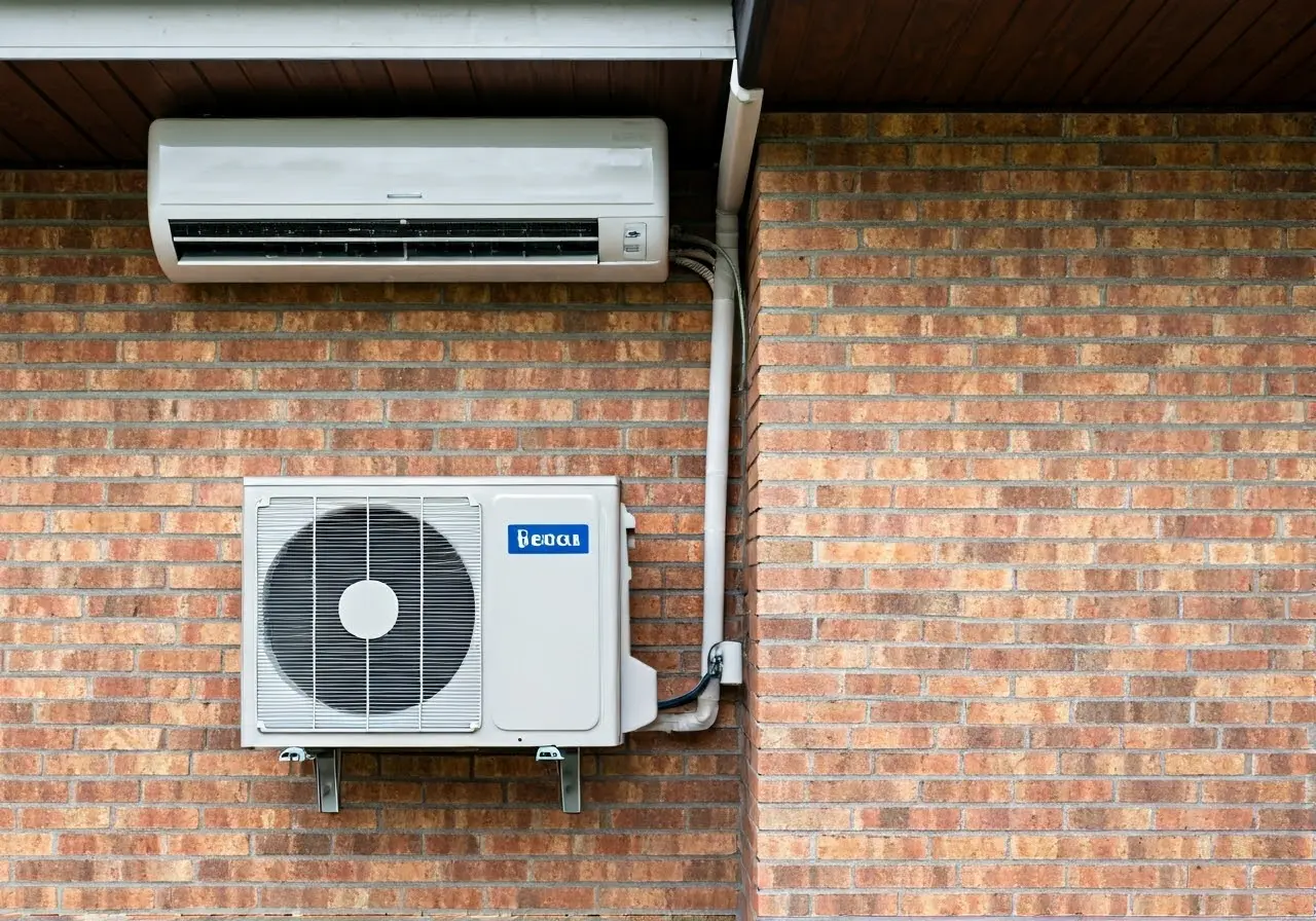 A technician installs an air conditioner in a brick home. 35mm stock photo