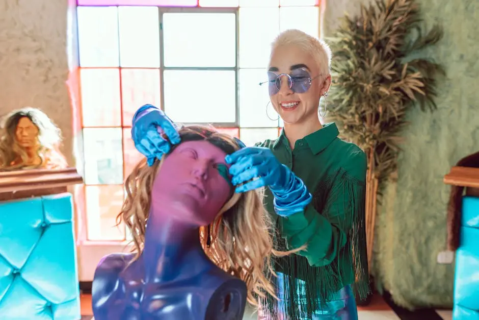 A stylist creatively working on a mannequin head with vibrant hair in a salon.