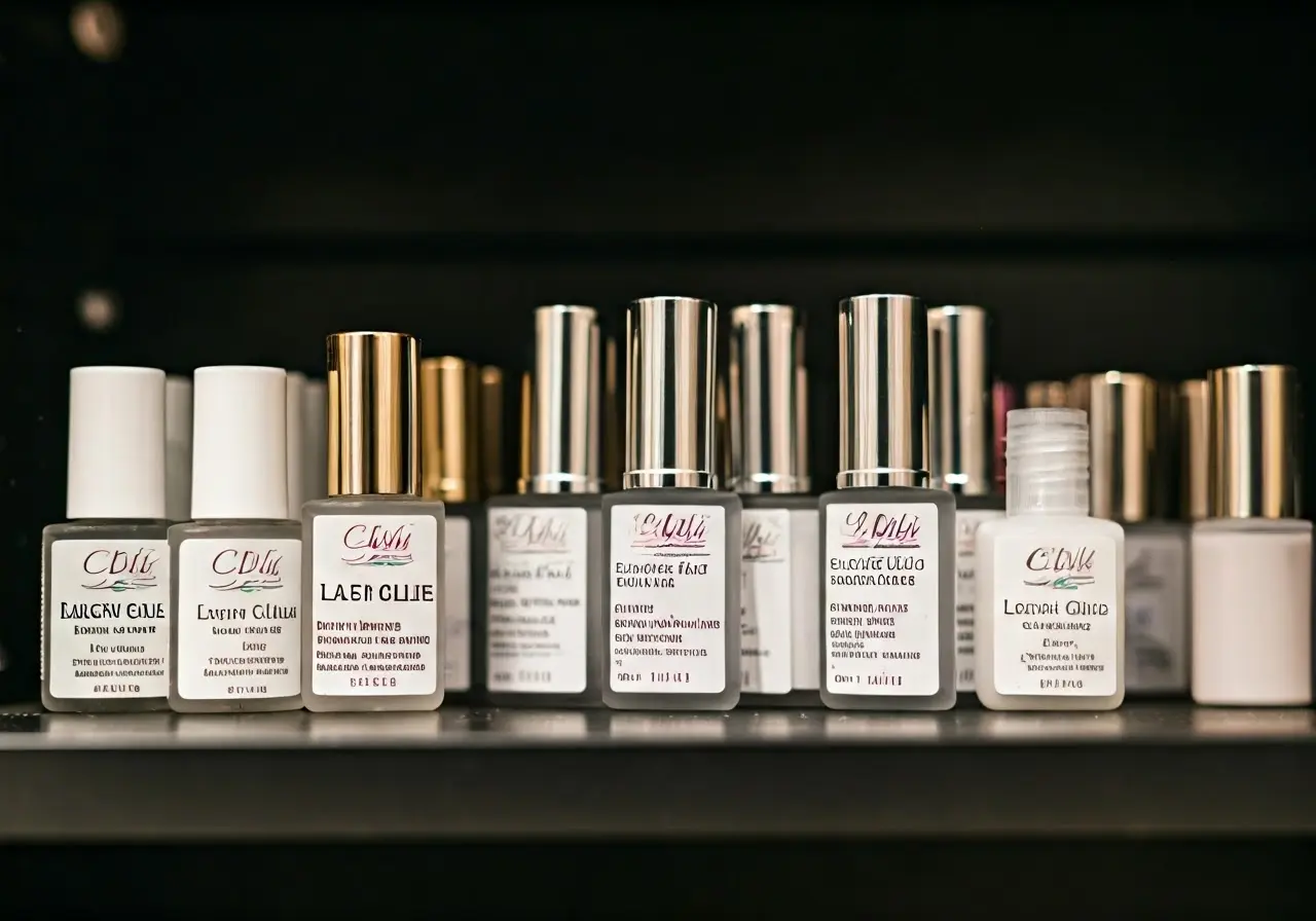 A close-up of various lash glue dissolvers on a shelf. 35mm stock photo