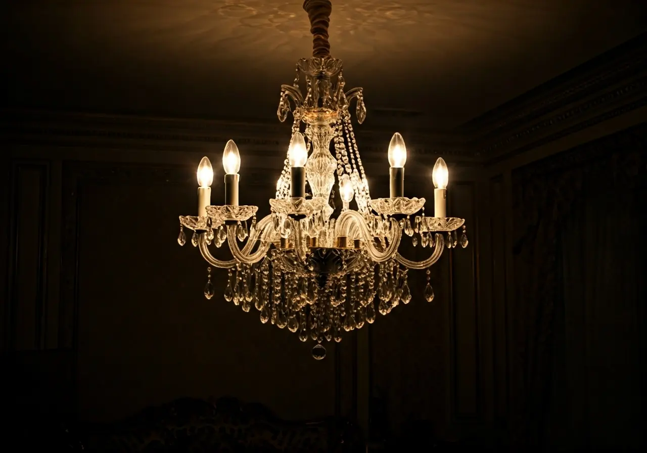 Crystal chandelier casting elegant light in a luxurious living room. 35mm stock photo