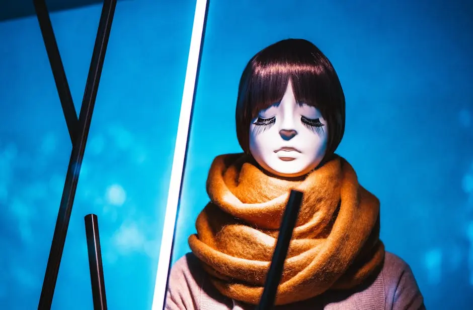 A creative mannequin display featuring a scarf and dramatic lighting, emphasizing fashion and style.