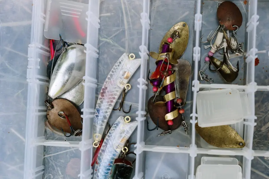 Top view of various fishing lures in a compartmentalized tackle box, showcasing vibrant fishing gear.