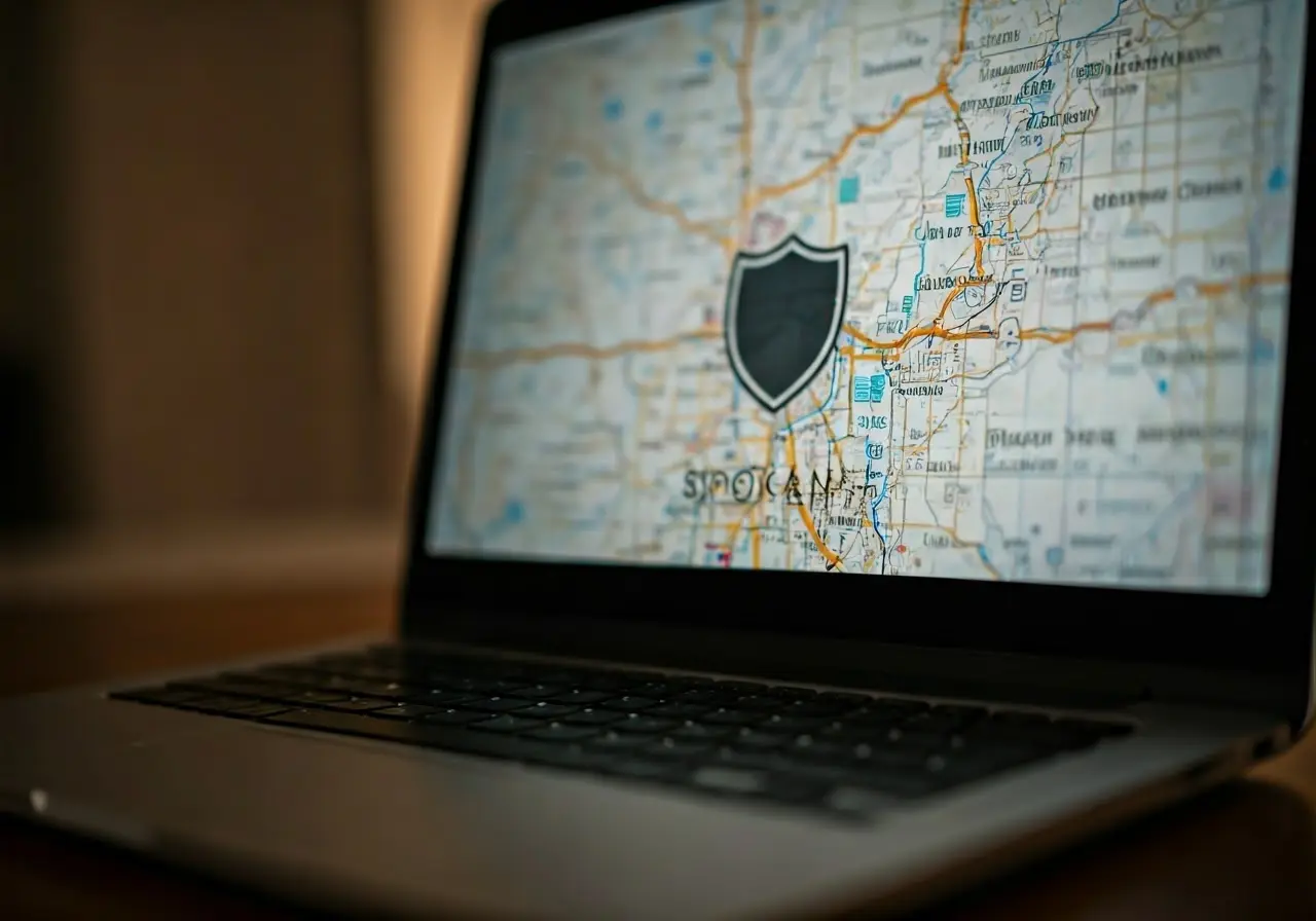 A shield icon over a map of Spokane on a laptop. 35mm stock photo