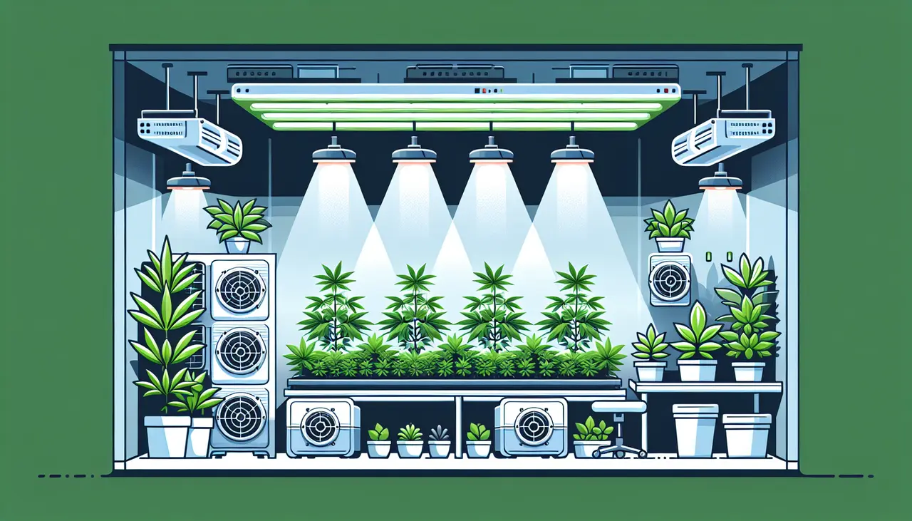 Draw a graphic in flat design style. A simplified illustration of a spacious, organized indoor grow room with vibrant green plants under LED lights, featuring clean rows and ventilation systems.