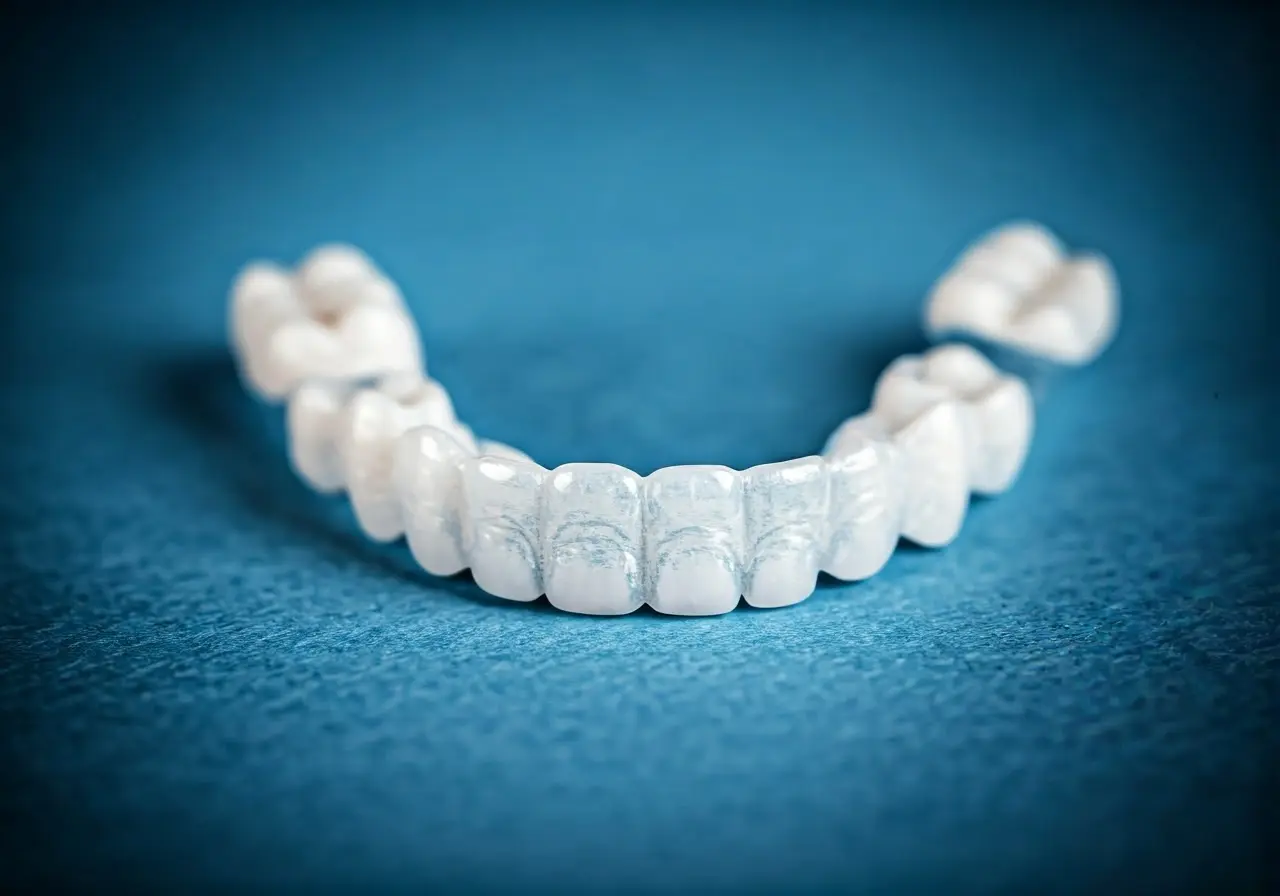 A close-up of a dental night guard on a blue background. 35mm stock photo