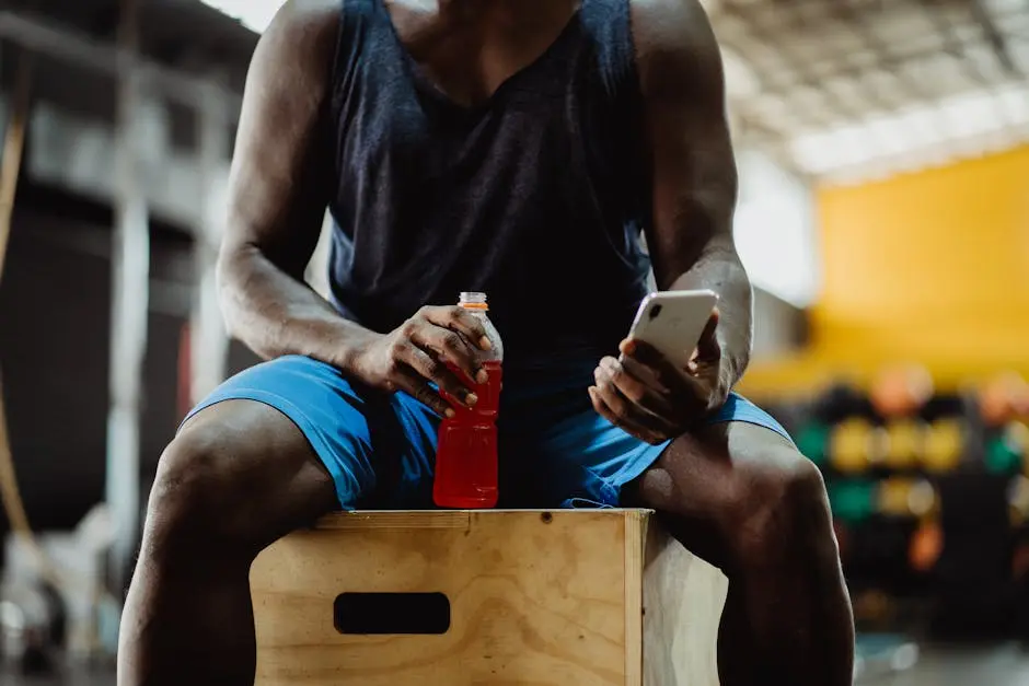 Athlete seated on box holding a smartphone and energy drink, blurred gym background.