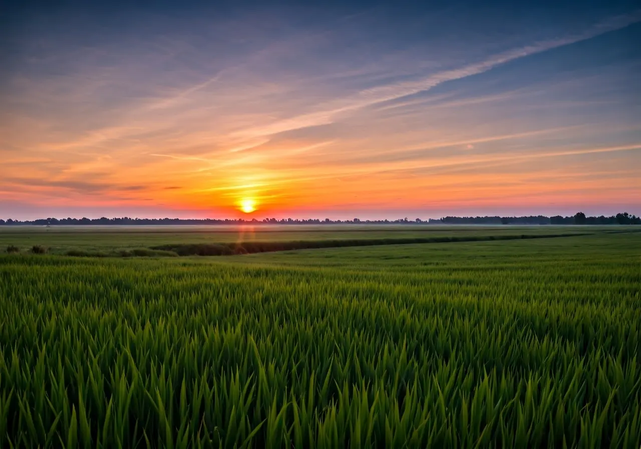 A serene landscape with a sunrise symbolizing hope and renewal. 35mm stock photo