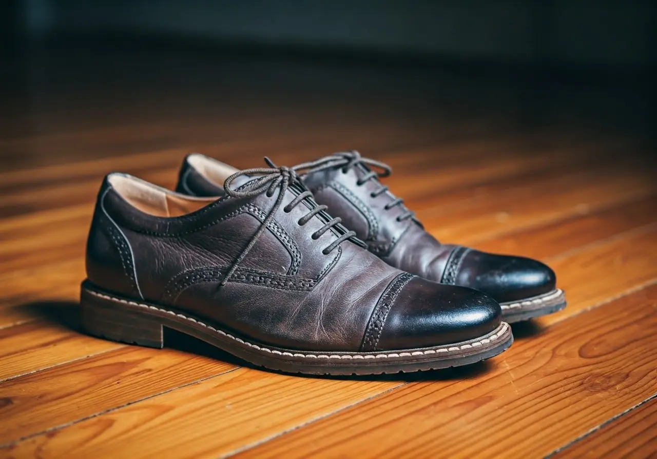 A pair of stylish and comfortable shoes on wooden floor. 35mm stock photo