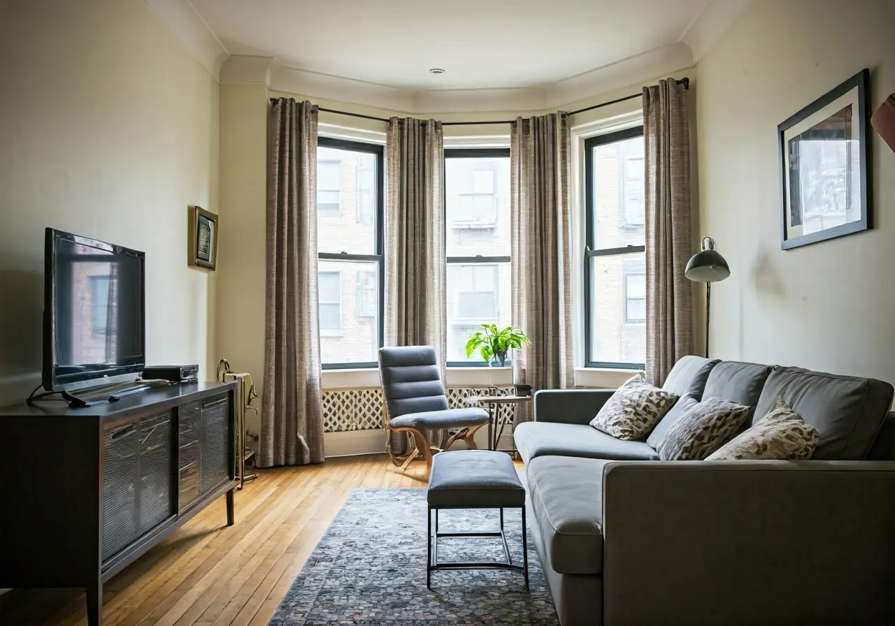 A cozy Brooklyn apartment with an inviting living room. 35mm stock photo