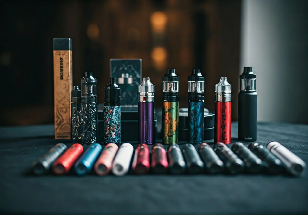 A variety of colorful vape products displayed on a table. 35mm stock photo
