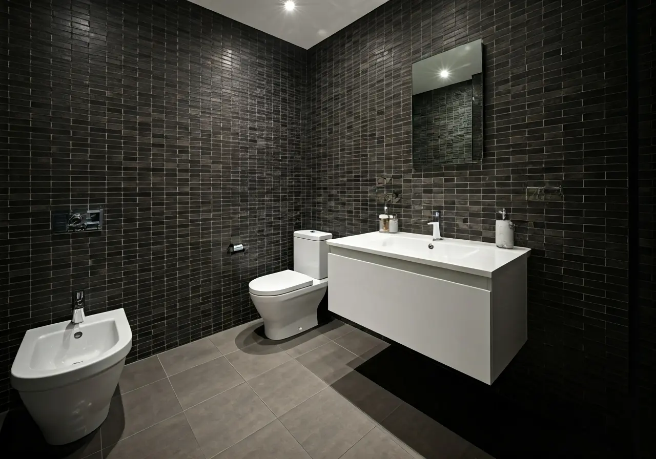 Luxurious bathroom with modern fixtures and elegant tile work. 35mm stock photo