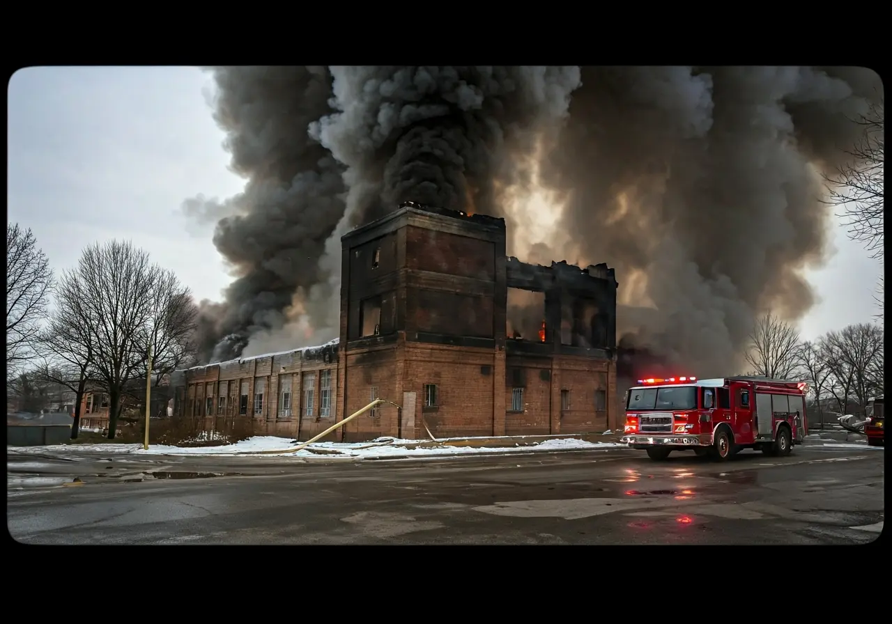 A burning building with a fire truck and smoke. 35mm stock photo