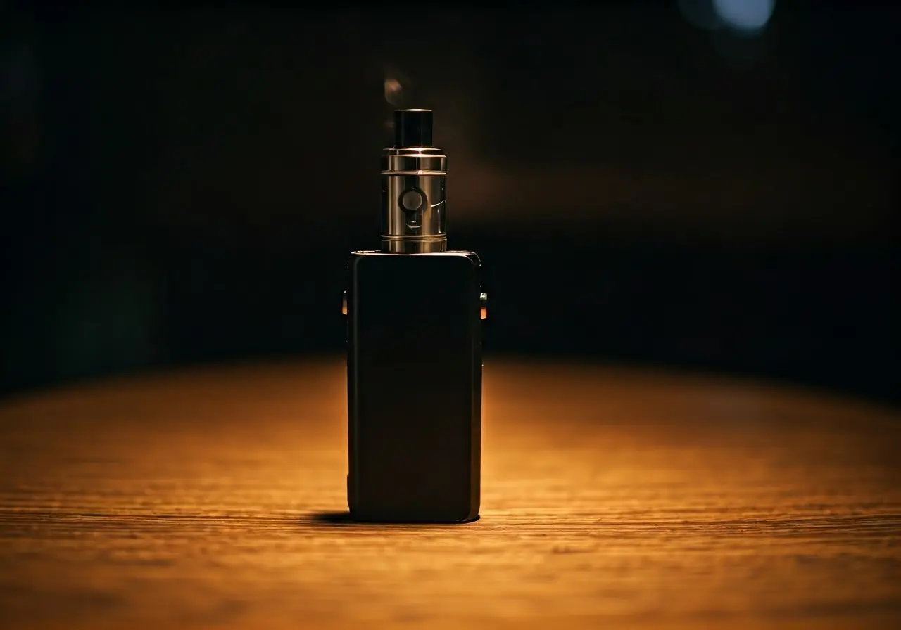 Close-up of a sleek, modern 7ohm smoking device on table. 35mm stock photo
