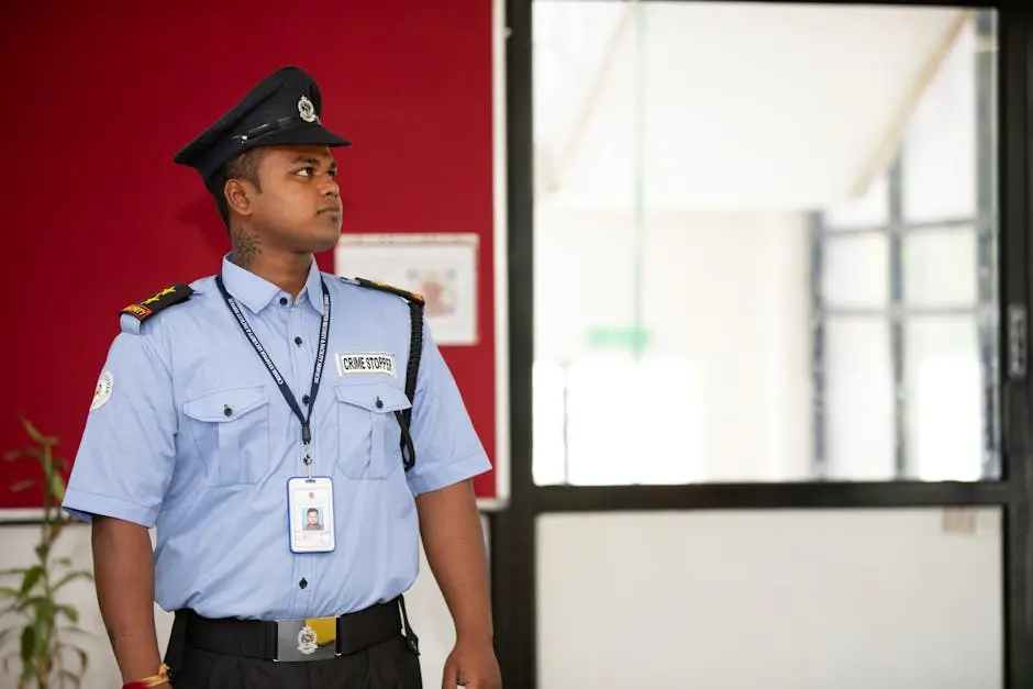 Security guard in uniform standing alert at a building entrance.