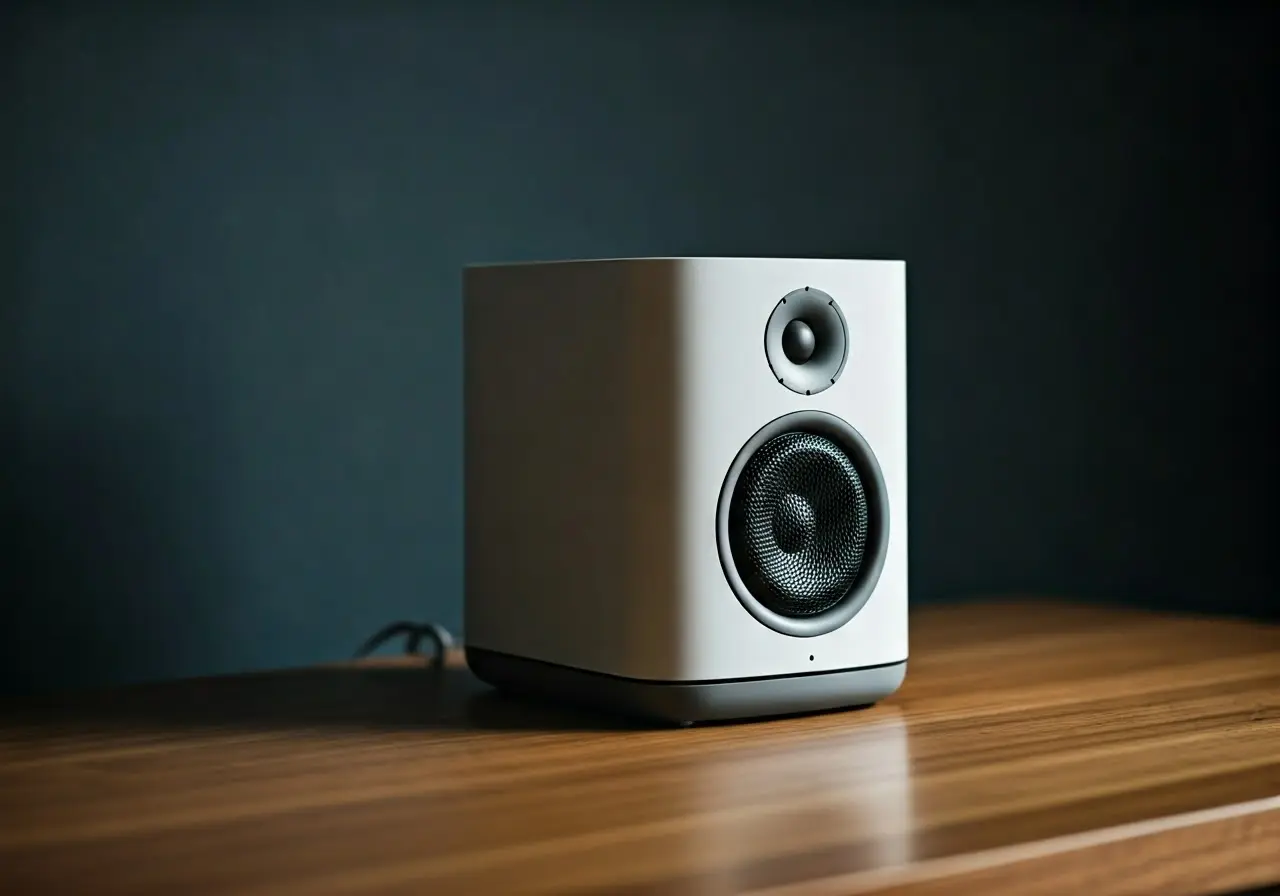 A sleek, modern speaker in a minimalist smart home setup. 35mm stock photo
