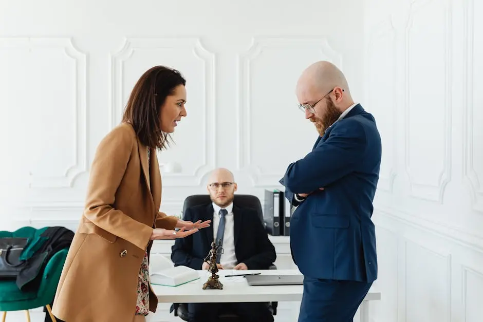 Business professionals engaged in a serious office meeting discussing legal matters.