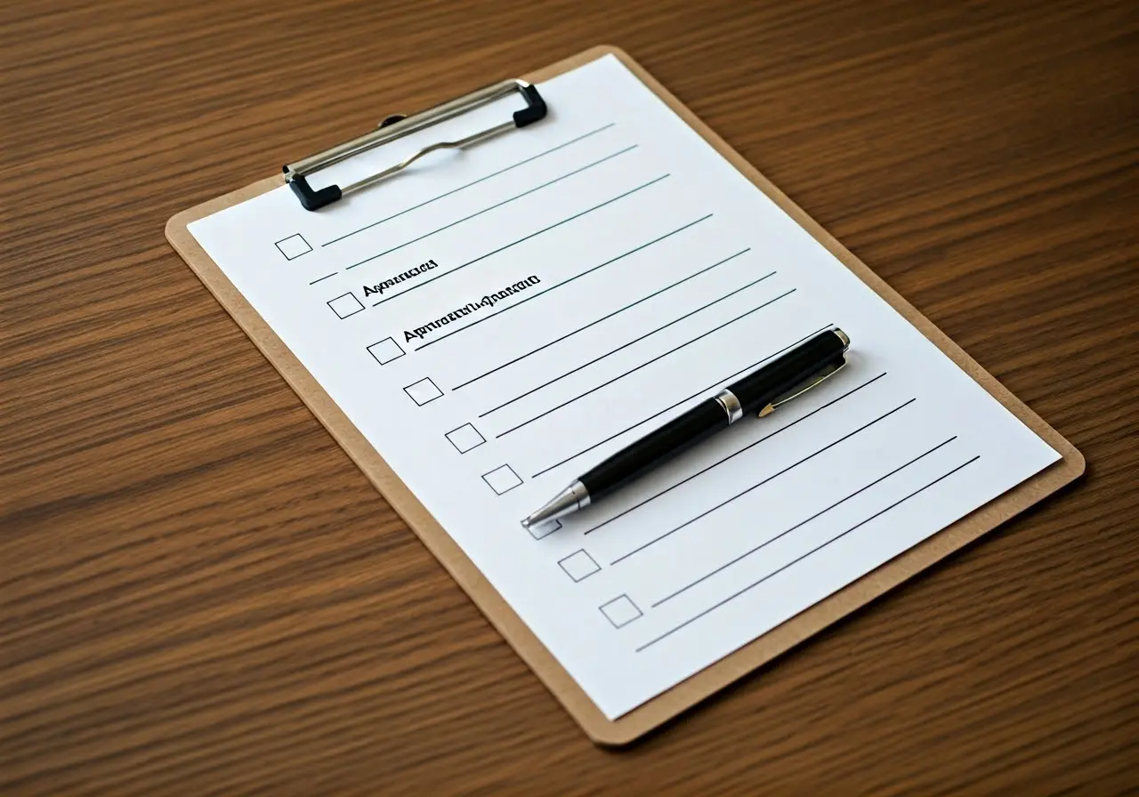 A clipboard with an apartment application checklist and pen. 35mm stock photo