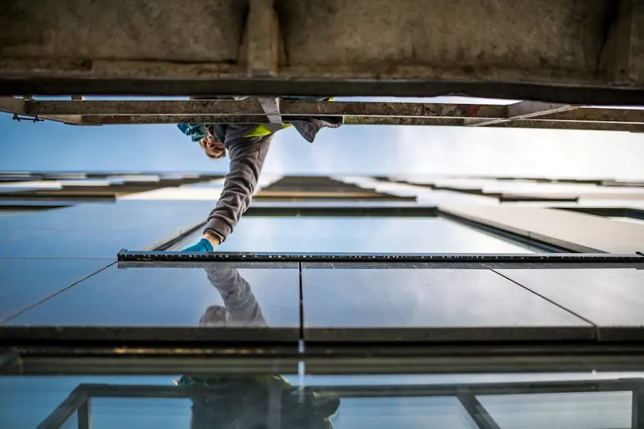 A window cleaner in action on a high-rise building, reflecting modern architecture.