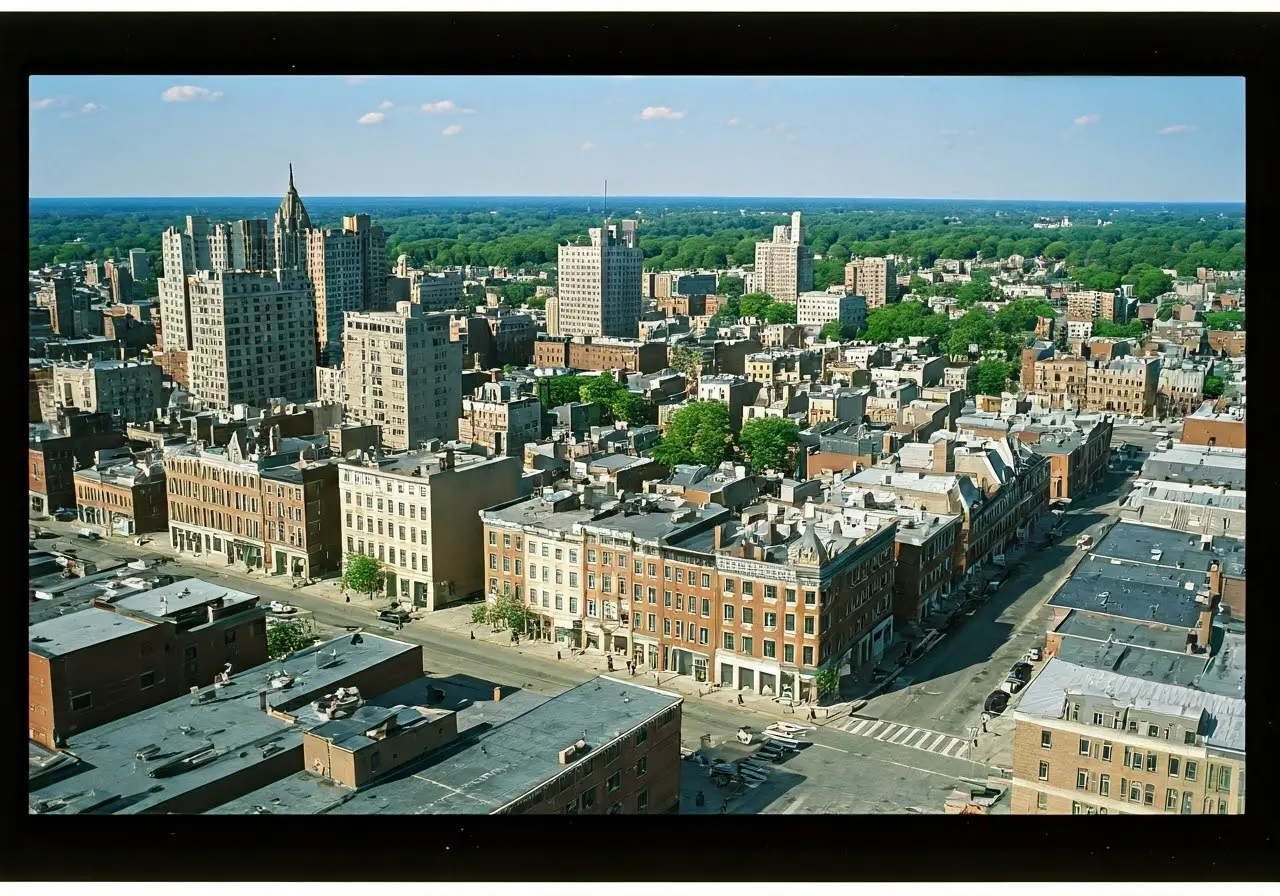 Aerial view of Yorkville’s charming streets and historic buildings. 35mm stock photo
