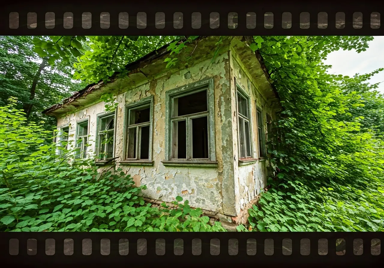 A neglected, overgrown house with peeling paint and broken windows. 35mm stock photo
