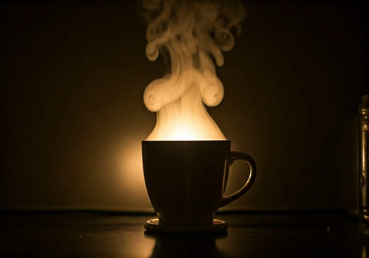 A gentle, steaming milk warmer surrounded by soft, warm light. 35mm stock photo