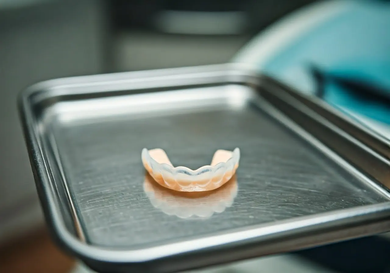 Close-up of a mouth guard on a dentist’s equipment tray. 35mm stock photo