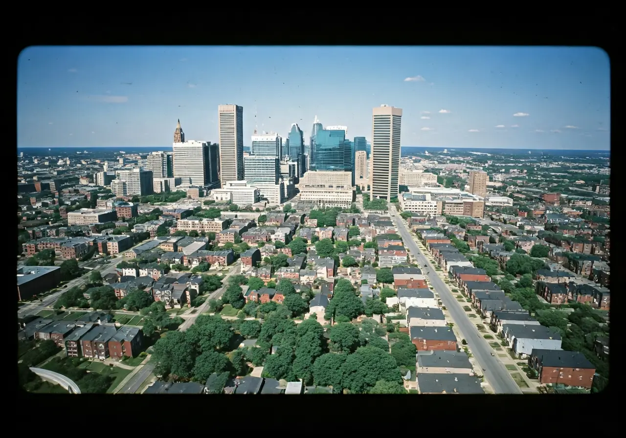 Aerial view of Baltimore cityscape with homes and landmarks. 35mm stock photo
