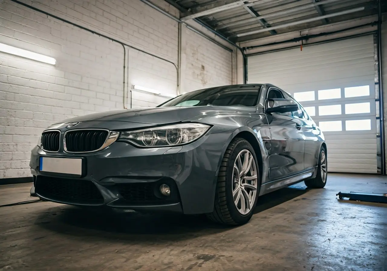 A large family car being serviced in a garage. 35mm stock photo