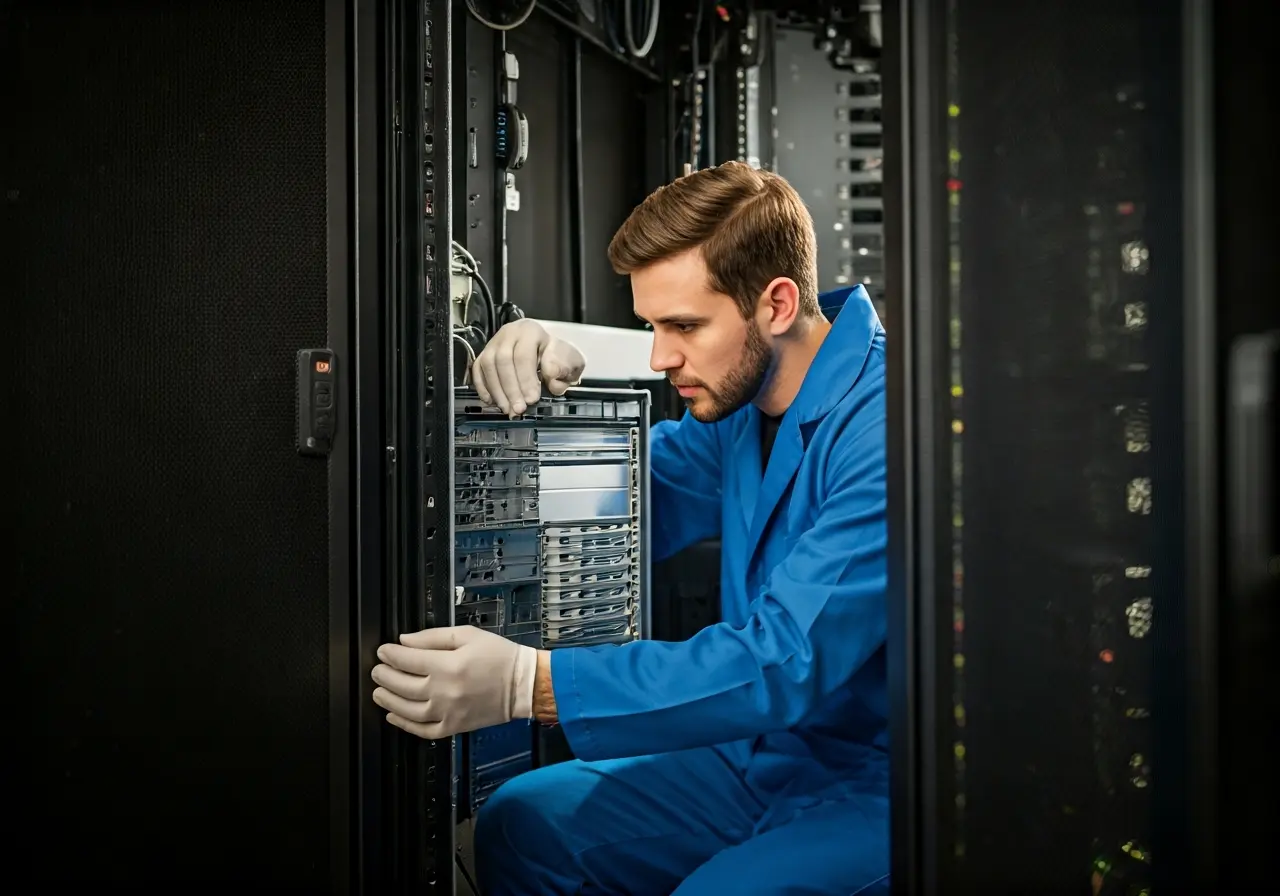A technician repairing a server in a data center. 35mm stock photo