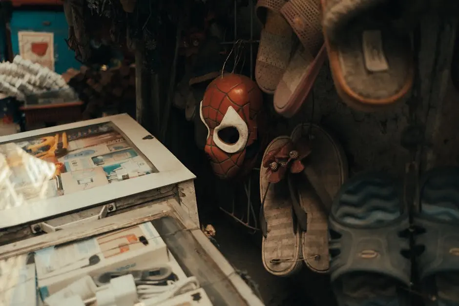 Close-up view of a shop display featuring a Spider-Man mask among various flip flops.