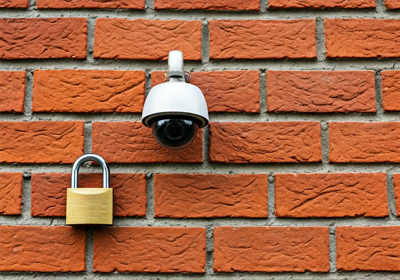 A locked padlock and CCTV camera on a brick wall. 35mm stock photo