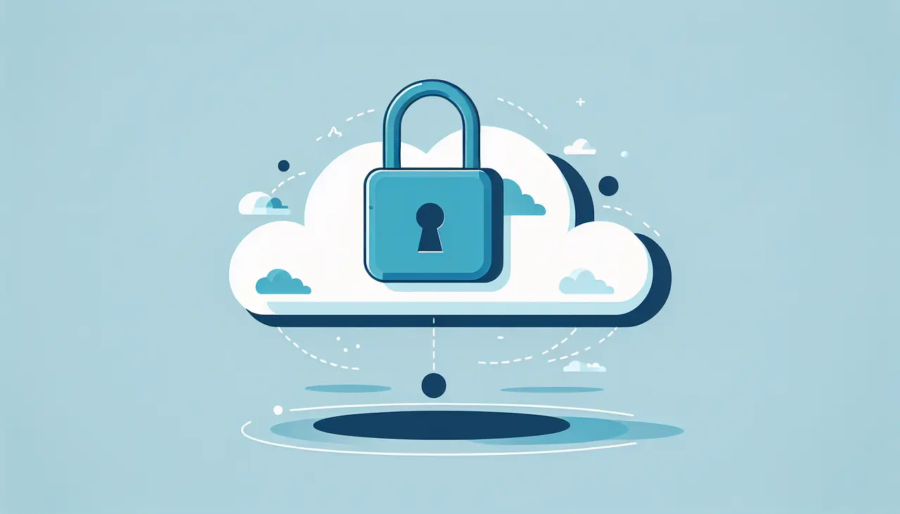 Draw a graphic in flat design style. A flat design illustration of a padlock over a cloud, symbolizing secure data in the context of Orange County IT services.